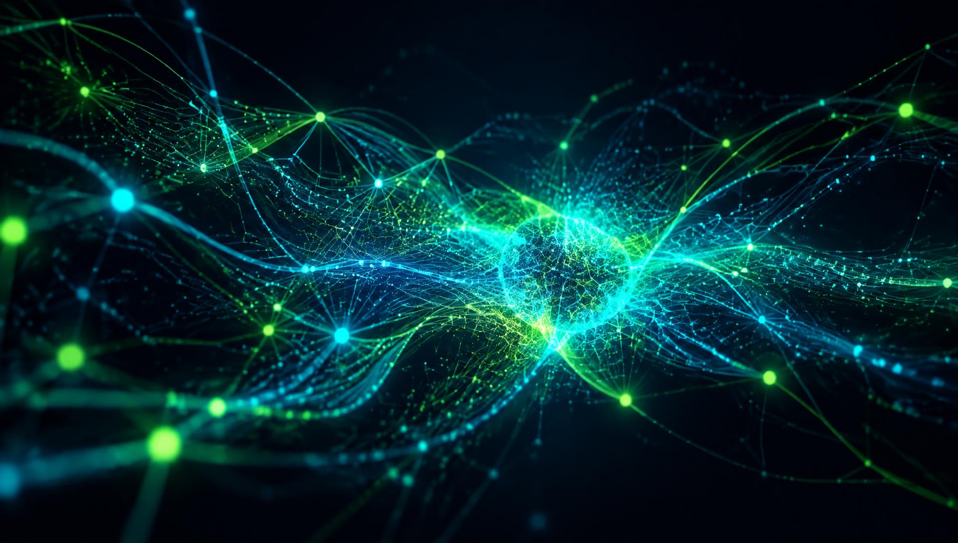 Arte abstrata em tons de ciano e verde representando inteligência artificial